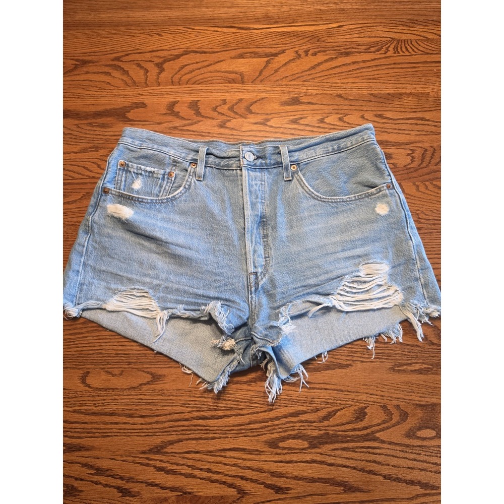 Levi's 501 Cut Off Denim Shorts Womens W31 High Rise Button Fly Distressed Blue